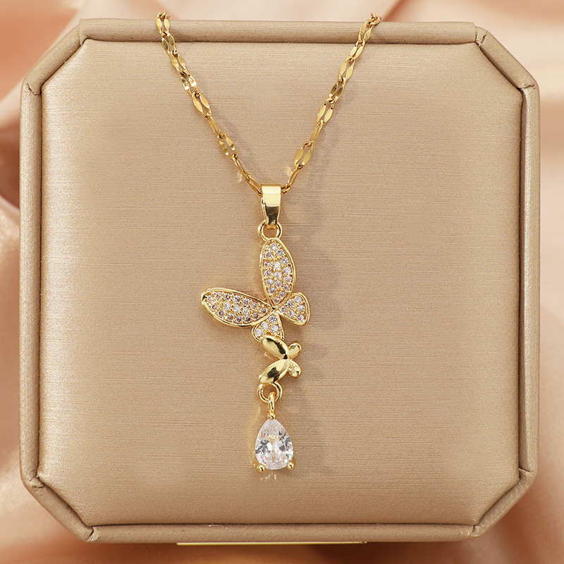 Butterfly Clasp Deployant - Butterfly Full Diamond Titanium Steel Necklace